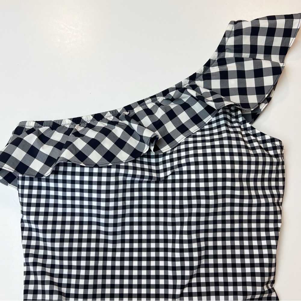 ✖️SOLD✖️•J.CREW•Black White Mixed Gingham One Shoulder Ruffle One Piece Swim - Picture 8 of 12
